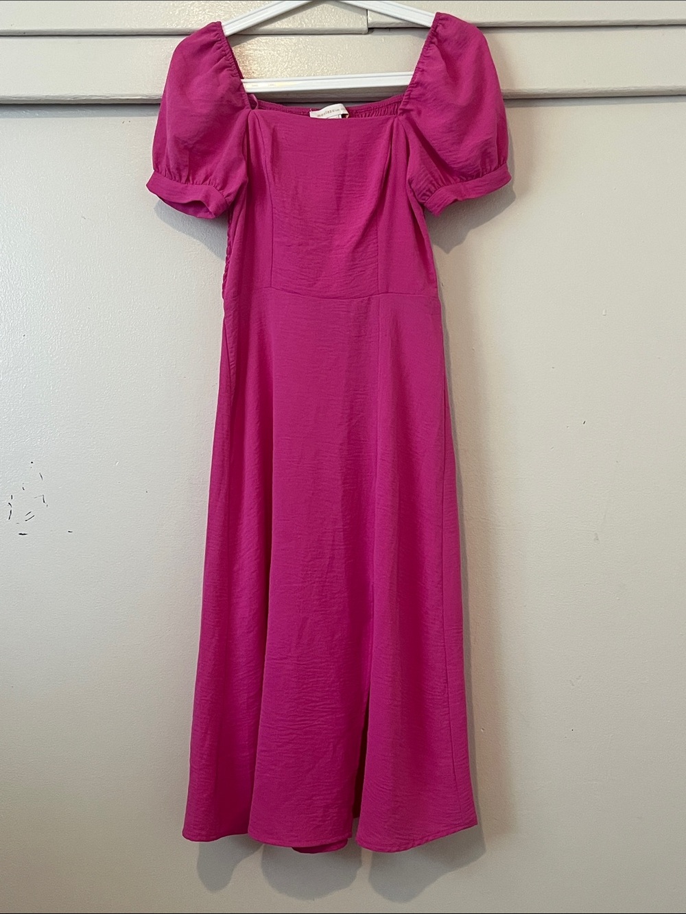 Puff Sleeve Midi Dress in Bright Fuchsia